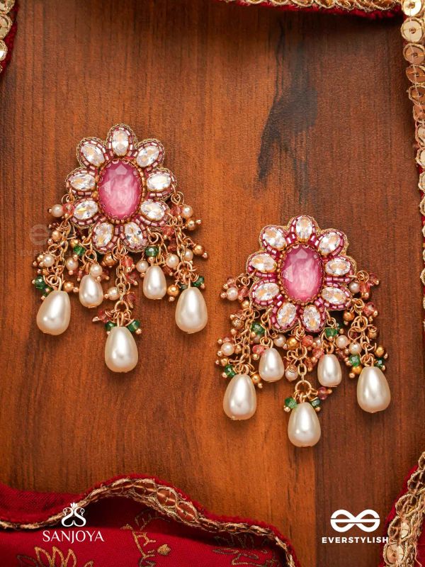 LALIMA - TINT OF PINK-  SOPHISTICATED KUNDAN EARRINGS WITH DROPLET PEARLS AND GEMSTONE