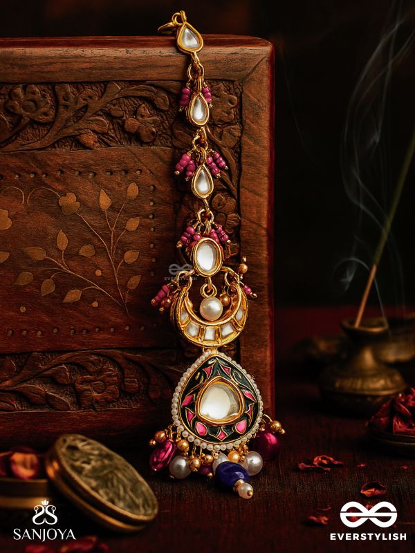 KUMUDRAAG - BLOOMING AT NIGHT-  INTRICATE ENAMELLED HANDCRAFTED KUNDAN MAANGTIKA WITH PEARLS AND BEADS