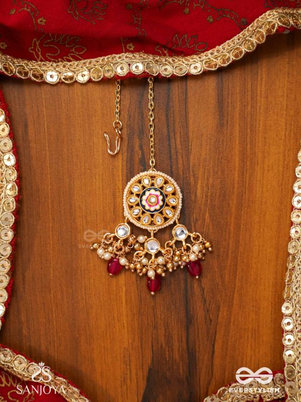 TRIBANDHURA - THREE-STRANDED BEAUTY-  KUNDAN MAANGTIKA WITH FLORAL ENAMELLED MEDALLIONS AND RUBY DROPS