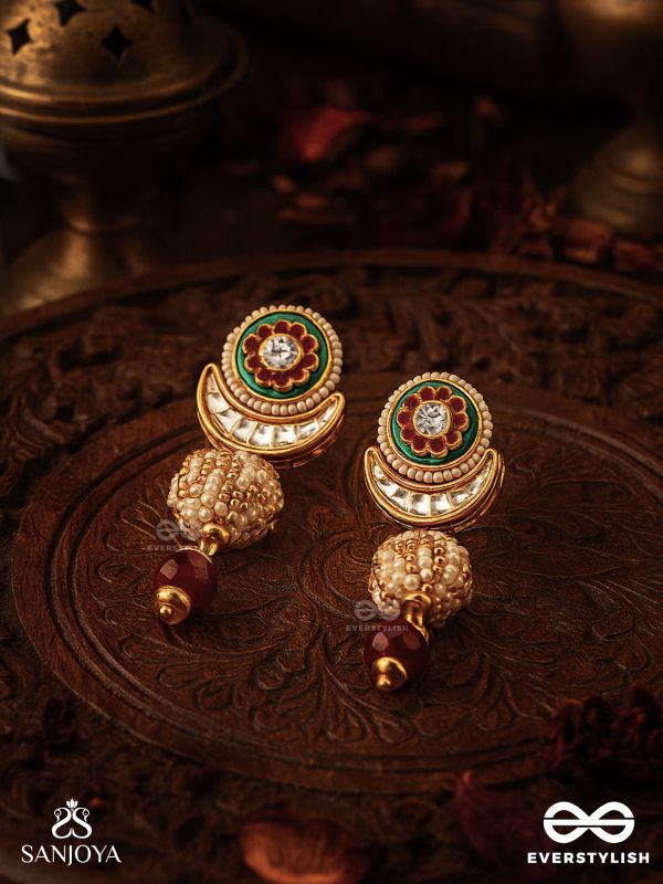 SHASHIRATNA - MOON GEM- MINIMALISTIC KUNDAN ENAMEL EARRINGS WITH FLORAL CENTER, PEARL SPHERES AND CELESTIAL DESIGN
