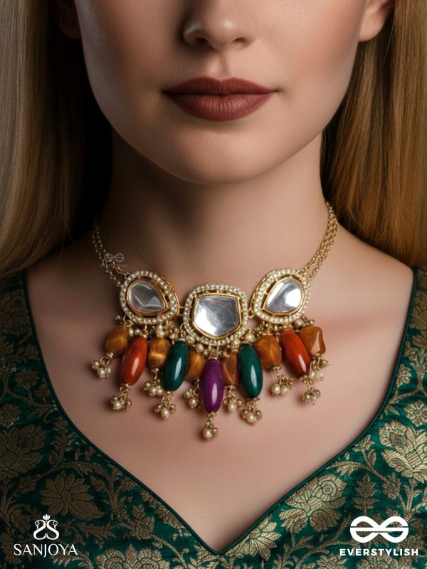 RASARANJANI - COLORFUL HARMONY- CONTEMPORARY KUNDAN STATEMENT NECKPIECE WITH DEEP-HUED BEADS AND PEARLS