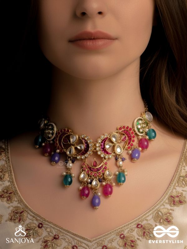 RANGAMAYA - FILLED WITH COLORS- INTRICATE KUNDAN CRESCENTS ENAMELLED NECKPIECE WITH VIBRANT BEADED FRINGES AND PEARLS