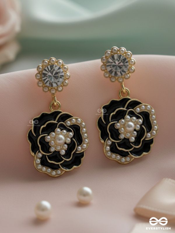 MIDNIGHT ROSE – STATEMENT DROP EARRINGS WITH GOLD TRIM