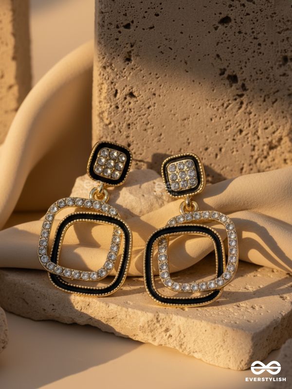 SQUARE LOOP – MODERN BLACK & GOLD DROP EARRINGS