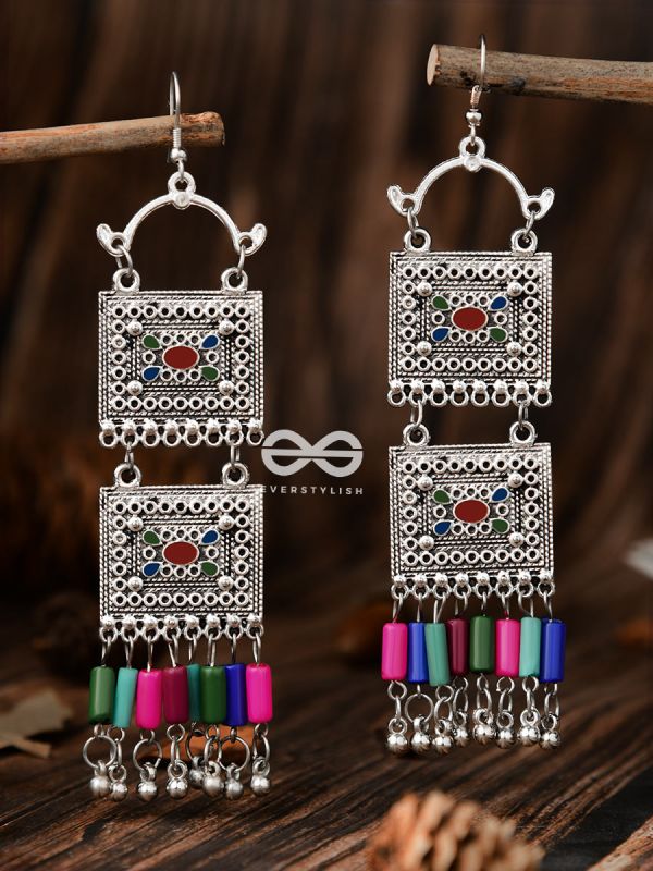 The Double Embellished Trunks (Red Hues) - Oxidised Boho Earrings - Multicolour