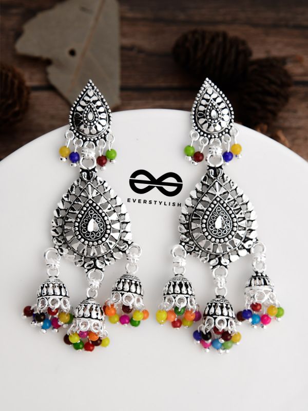 The Multicoloured Droplet Triple Jhumkis - Oxidised Boho Earrings