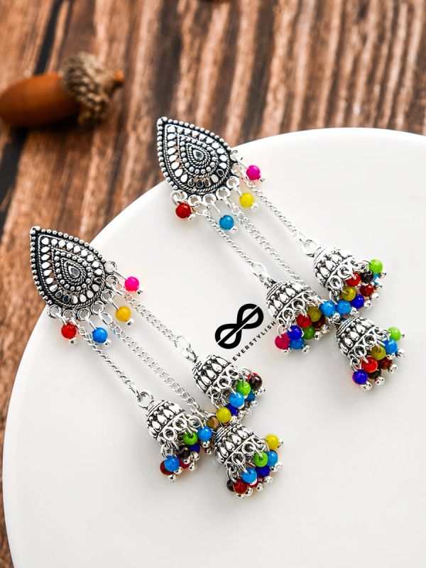 The Shimmery Droplet Triple Multicoloured Jhumkis - The Oxidised Boho Collection