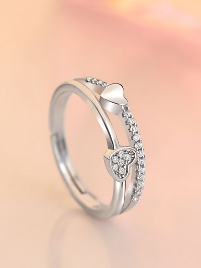 Silver Layered Hearts Adjustable CZ Ring