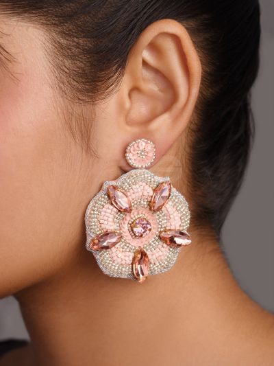 Uttmansh- The Fascinating Flower- Pale Pink Stone and Beads Embroidered Earrings
