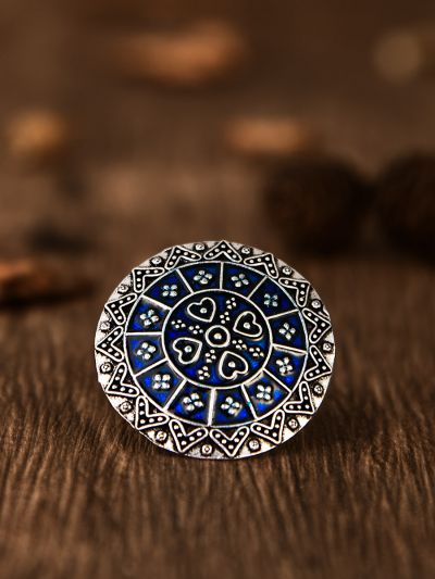 The Intricate Meenakari Adjustable Ring (Blue) - Embellished Oxidised Collection