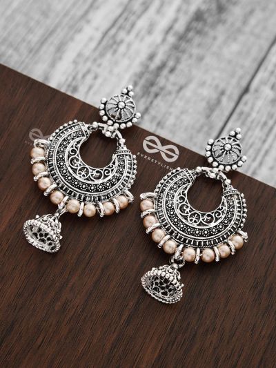 The Motif Moon Pearled Jhumis(Silver-Pearl) - Oxidised Boho Earrings