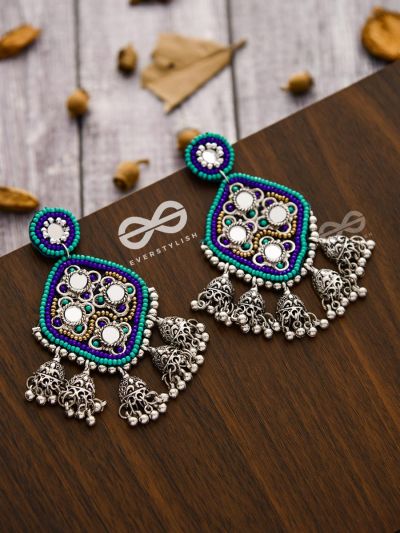 An Intricate Mirror Work Multi Jhumki Embroidered Earrings (Blue)