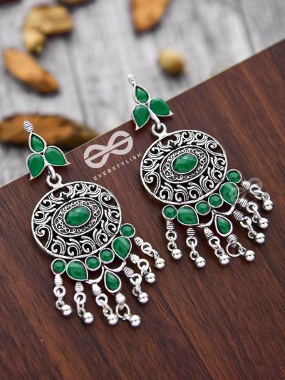 The Playful Elegance - Embellished Oxidised Earrings (Emerald Green)