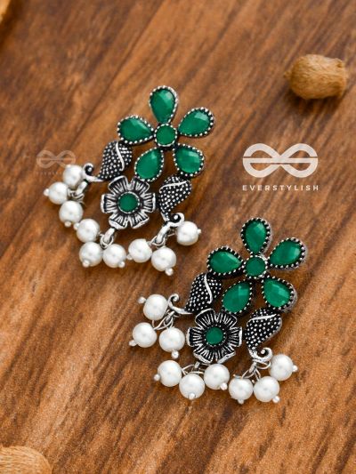 'A Floral Fantasy' - Embellished Oxidised Earrings (Emerald Green)