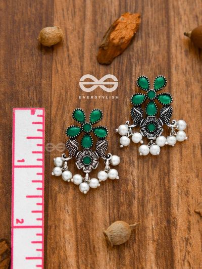 'A Floral Fantasy' - Embellished Oxidised Earrings (Emerald Green)