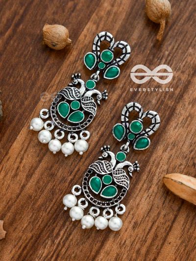 The Enigmatic Peacock Artwork Earrings (Emerald Green) - Embellished Oxidised Collection