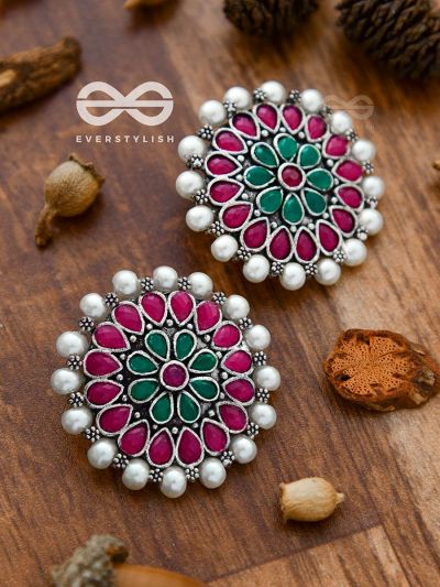 The classy Desire perfect pearl Embellished Statement Studs (Ruby Emerald)
