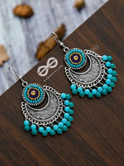The Elegant Motifs (Teal-Blue) - Embroidered Oxidised Earrings 
