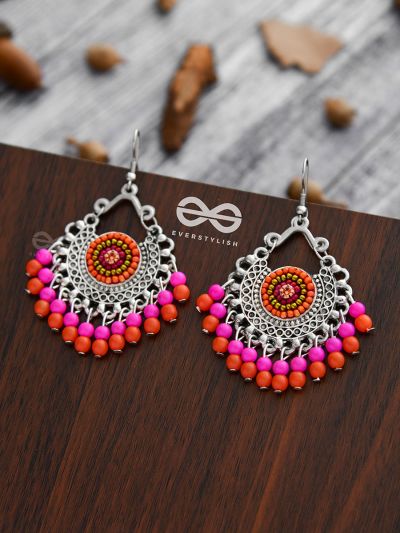 The Splendid Stunners (Orange-Pink) - Embroidered Oxidised Earrings