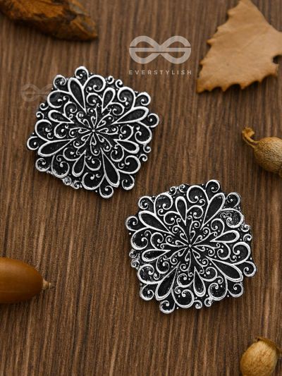 The Mystical Floral Artwork Studs - Oxidised Boho Collection