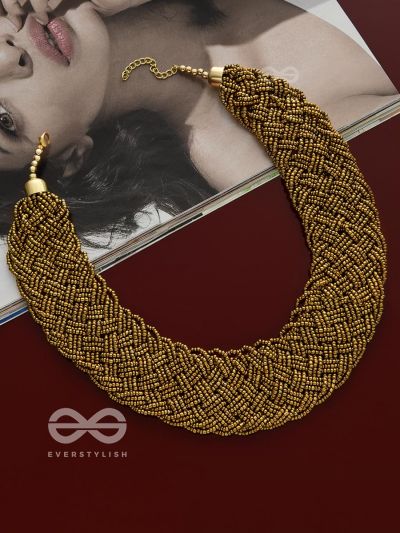 The Beauteous Braided Criss-Cross Beaded Necklace (Golden)