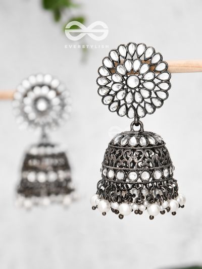The Intricate Floral Cocktail - Embellished Oxidised jhumkas 