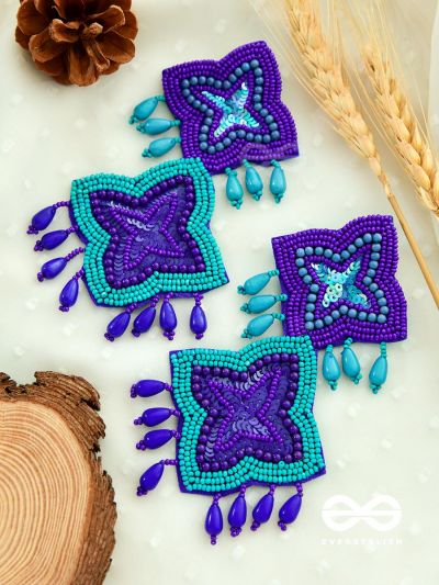 THE ROYAL GLAMOUR - EMBROIDERED PEARL STATEMENT EARRINGS ( teal and purple)