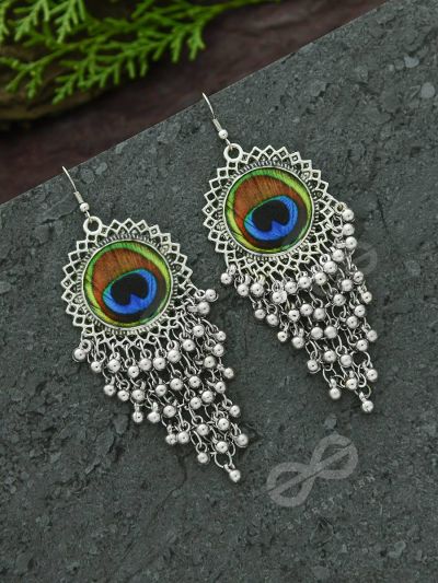 The Peacock Feather Jhallars - Oxidised Boho Earrings