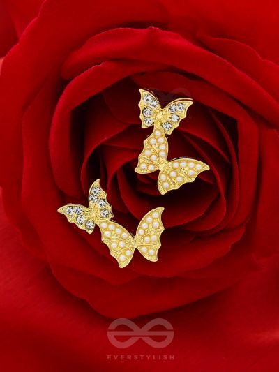 Binary Butterflies- Rhinestones and Pearls Studded Golden Earrings