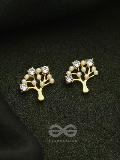 Majestic Bonsai- Pearls and Stones Studded Golden Earrings
