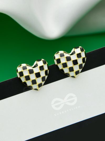 Checkmate- Black and White Enamelled Golden Earrings