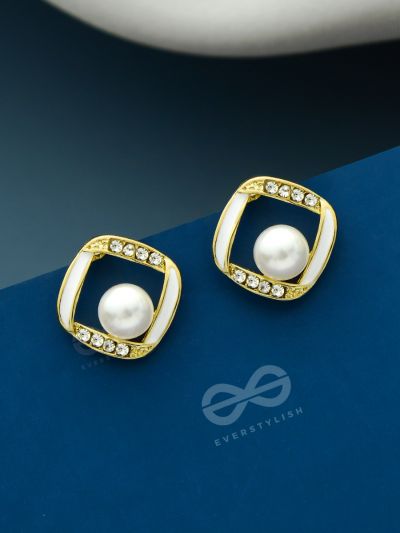 Sterling Droplets- White Enamelled Rhinestones Studded Pearl Earrings