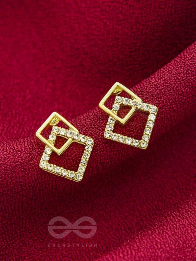Snarled Squares- CZ Stones Studded Golden Earrings