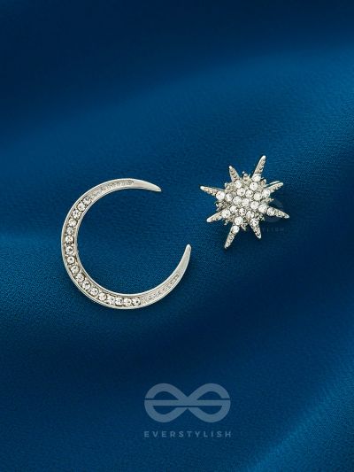 Ethereal Enchantment- Moon and Star Shaped Rhinestones Studded Silver Earrings