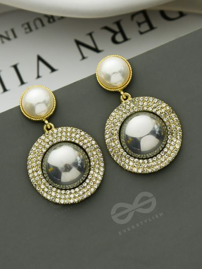 The Ashen Sun- Rhinestones Studded Grey and White Pearl Earrings
