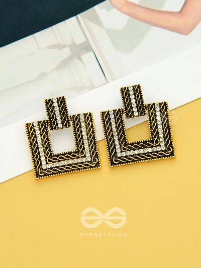 Geometric Grace - Rhinestone Encrusted Golden Earrings