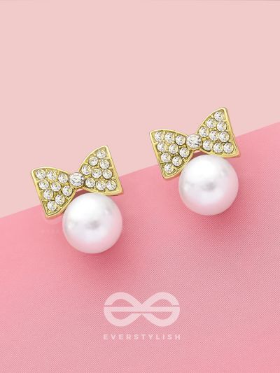 Bow-Toons- Golden Rhinestones and Pearl Earrings