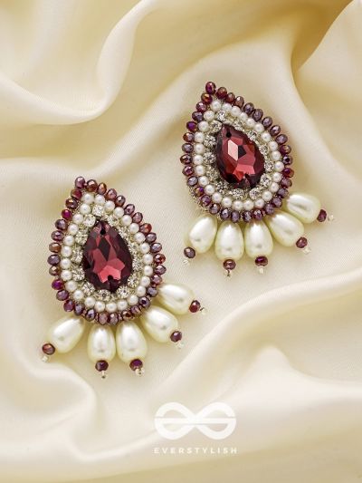 Lavanya- The Graceful One- Rosewood Red Stone, Pearl, and Glass Beads Embroidered Earrings