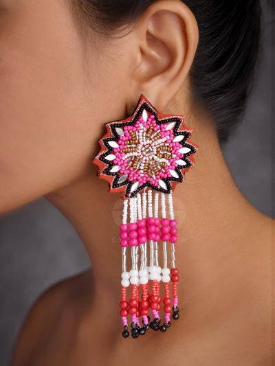 PREYASI- THE SWEETHEART- BEADS AND RESHAM EMBROIDERED EARRINGS (Rose Pink, Scarlet Red, Ebony Black)