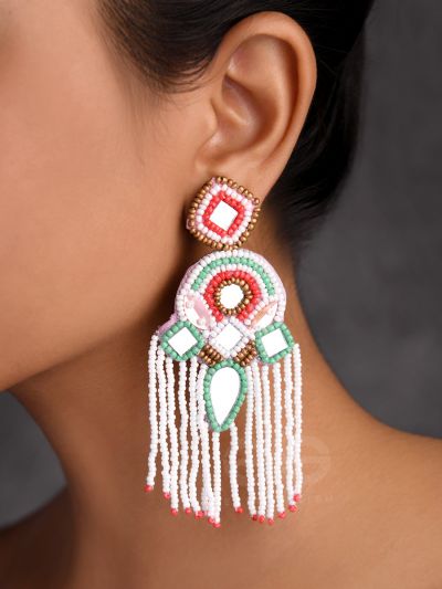 ANTRANG- CLOSE TO HEART- MIRRORS, BEADS AND SEQUINS EMBROIDERED EARRINGS (Porcelain White, Seafoam Green & Scarlet Red)