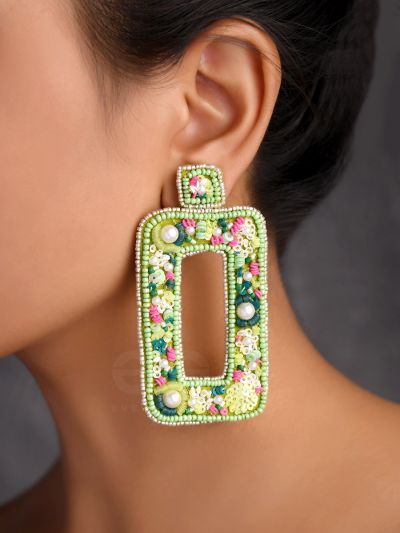 AARDRATVA- THE VERDANT- SEQUINS, PEARLS, BEADS AND STONES EMBROIDERED EARRINGS (LIME GREEN)