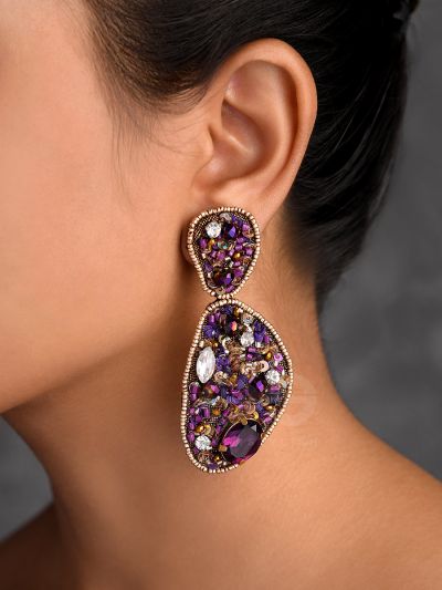  KARNIKAR- THE PURPLE FLOWER- STONE, SEQUINS AND BEADS EMBROIDERED EARRINGS (Violet & Fire Yellow)