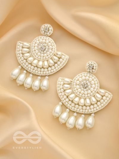 Suramya- The Picturesque Crescent- Sequins, Glass Beads and Stone Embroidered Earrings (Pearl White)