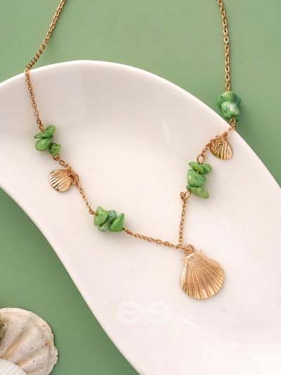 Shells n Pebbles- Golden and Olive Green Stone Necklace