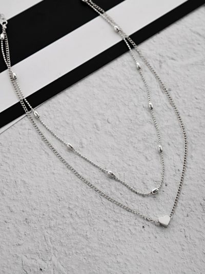 Dainty Heart Pendant On Double Layered Separate Choker Chains Silver