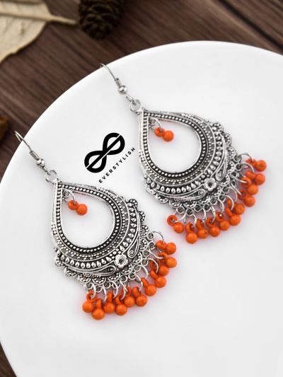 The Intricate Motif Drops (Orange) - Oxidised Boho Earrings