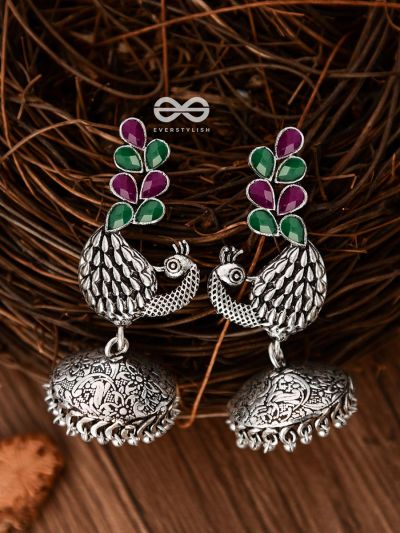 The Dancing Peacocks Engraved Jhumkis (Ruby Emerald) - Embellished Oxidised Collection