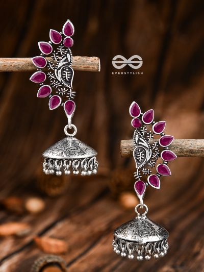 The Bohemian Elegance Floral Jhumkis (Ruby Red) - Oxidised Embellished Collection