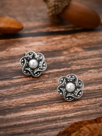 The Oxidised Pearly Flower Tiny Trinket Earrings