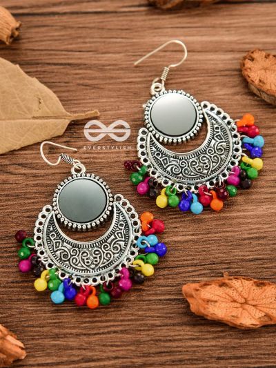The Mirror Motifs- Oxidised Boho Earrings - Silver Multicolour